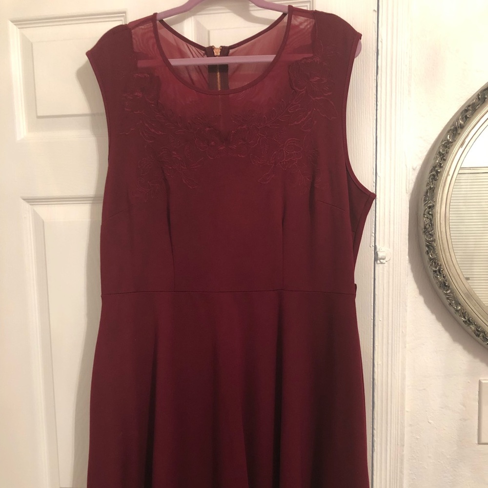 Beautiful Wine Embroidered Swing Dress w Pockets